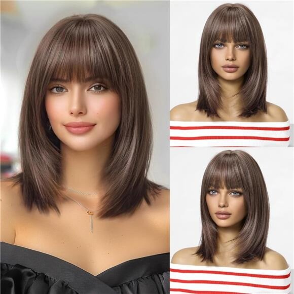Brown Bob Wig With Bangs Short Straight Wig For Women Synthetic Hair Wigs for